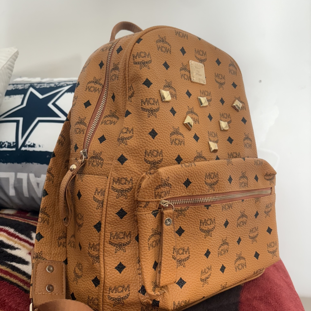 MCM Tan Backpack with Gold Accents